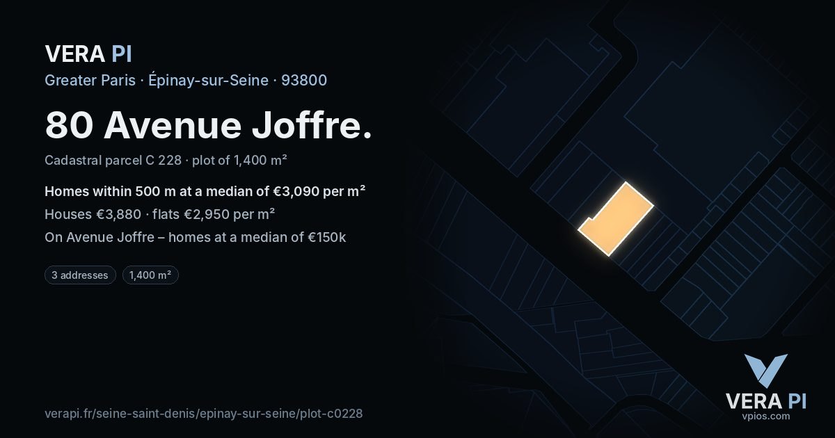 80 Avenue Joffre, Épinay-sur-Seine at night – the plot lit, the parcels around coloured by the prices near them