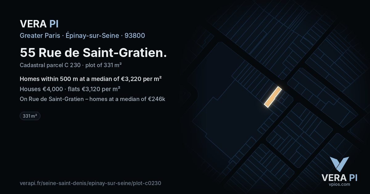 55 Rue de Saint-Gratien, Épinay-sur-Seine at night – the plot lit, the parcels around coloured by the prices near them
