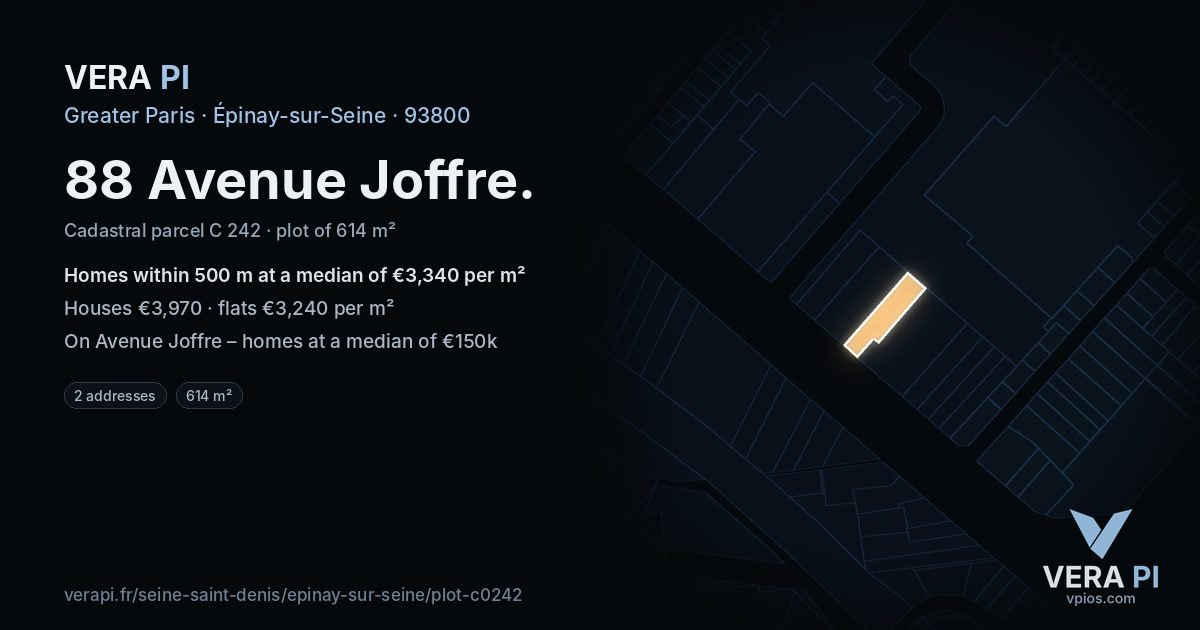 88 Avenue Joffre, Épinay-sur-Seine at night – the plot lit, the parcels around coloured by the prices near them