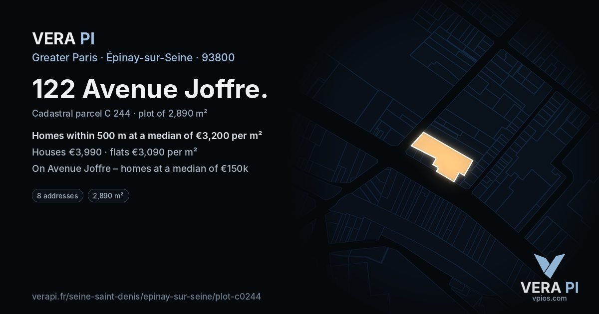 122 Avenue Joffre, Épinay-sur-Seine at night – the plot lit, the parcels around coloured by the prices near them