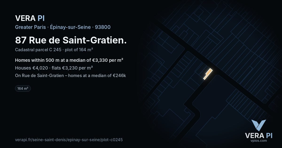 87 Rue de Saint-Gratien, Épinay-sur-Seine at night – the plot lit, the parcels around coloured by the prices near them
