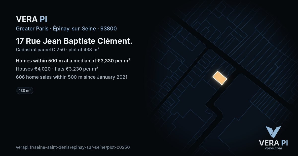 17 Rue Jean Baptiste Clément, Épinay-sur-Seine at night – the plot lit, the parcels around coloured by the prices near them
