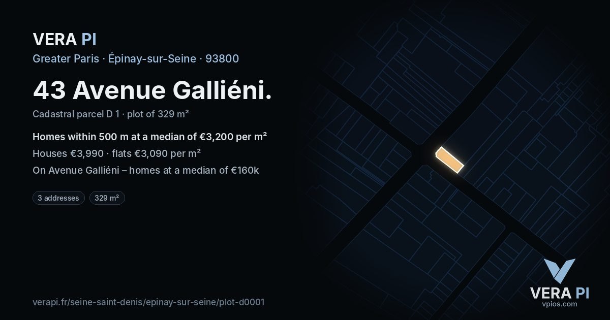 43 Avenue Galliéni, Épinay-sur-Seine at night – the plot lit, the parcels around coloured by the prices near them
