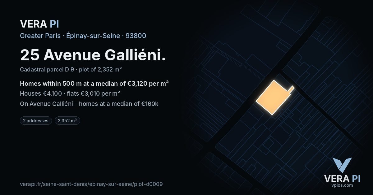 25 Avenue Galliéni, Épinay-sur-Seine at night – the plot lit, the parcels around coloured by the prices near them
