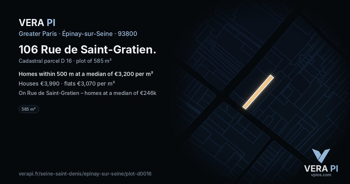 106 Rue de Saint-Gratien, Épinay-sur-Seine at night – the plot lit, the parcels around coloured by the prices near them