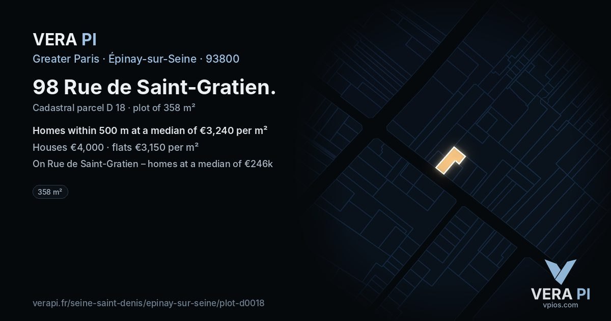 98 Rue de Saint-Gratien, Épinay-sur-Seine at night – the plot lit, the parcels around coloured by the prices near them