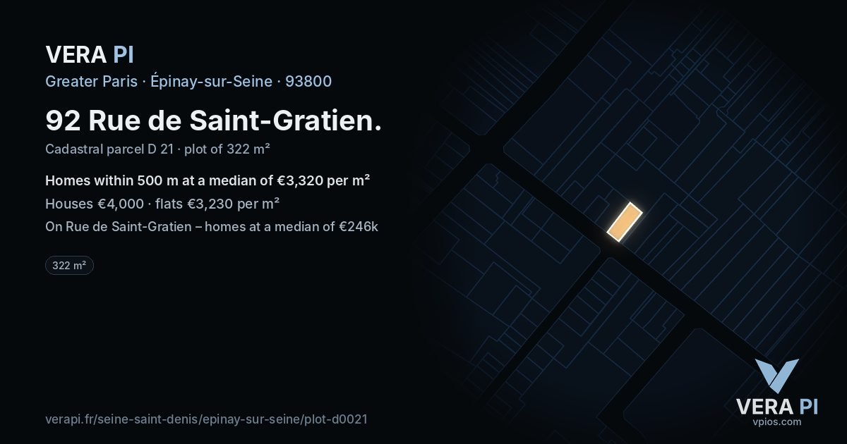 92 Rue de Saint-Gratien, Épinay-sur-Seine at night – the plot lit, the parcels around coloured by the prices near them