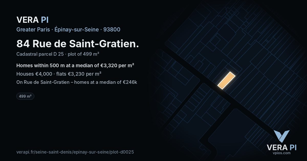 84 Rue de Saint-Gratien, Épinay-sur-Seine at night – the plot lit, the parcels around coloured by the prices near them