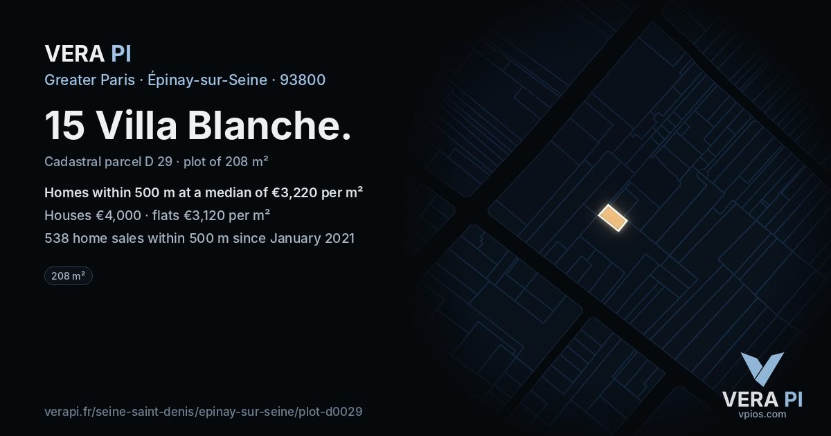 15 Villa Blanche, Épinay-sur-Seine at night – the plot lit, the parcels around coloured by the prices near them