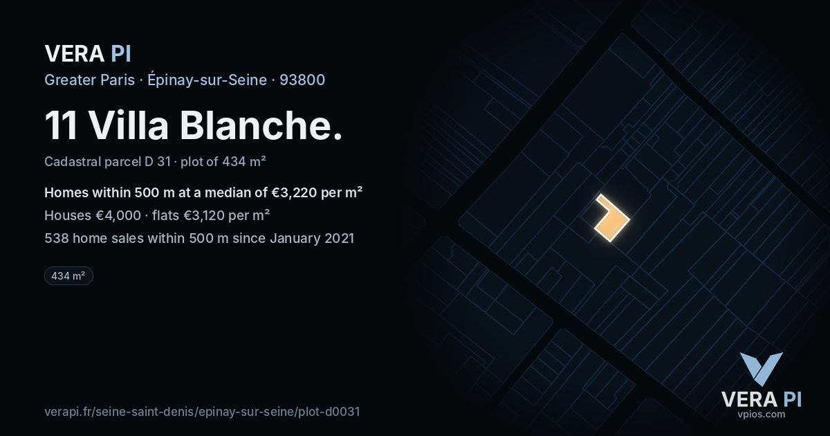 11 Villa Blanche, Épinay-sur-Seine at night – the plot lit, the parcels around coloured by the prices near them
