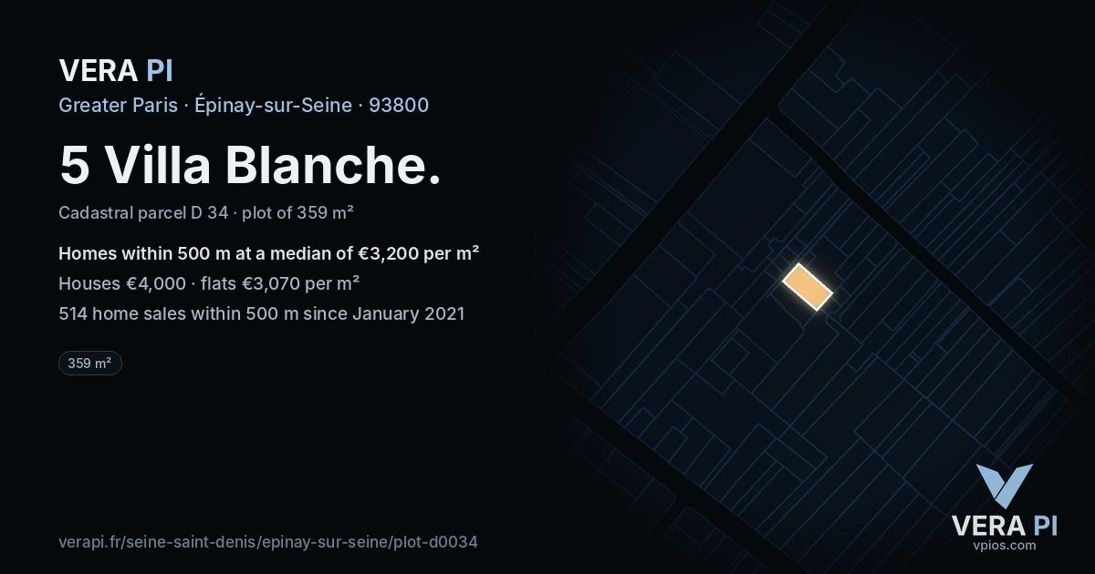 5 Villa Blanche, Épinay-sur-Seine at night – the plot lit, the parcels around coloured by the prices near them