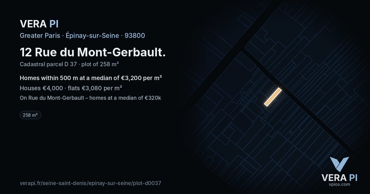 12 Rue du Mont-Gerbault, Épinay-sur-Seine at night – the plot lit, the parcels around coloured by the prices near them