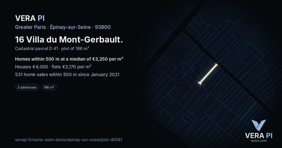 16 Villa du Mont-Gerbault, Épinay-sur-Seine at night – the plot lit, the parcels around coloured by the prices near them