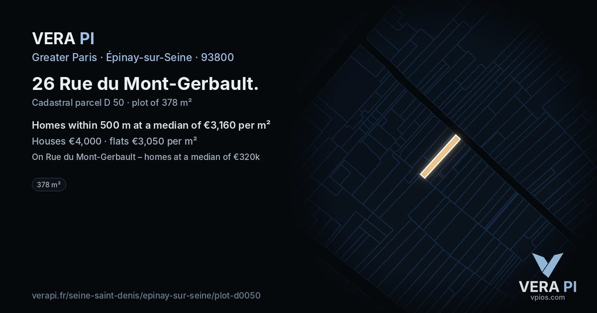 26 Rue du Mont-Gerbault, Épinay-sur-Seine at night – the plot lit, the parcels around coloured by the prices near them