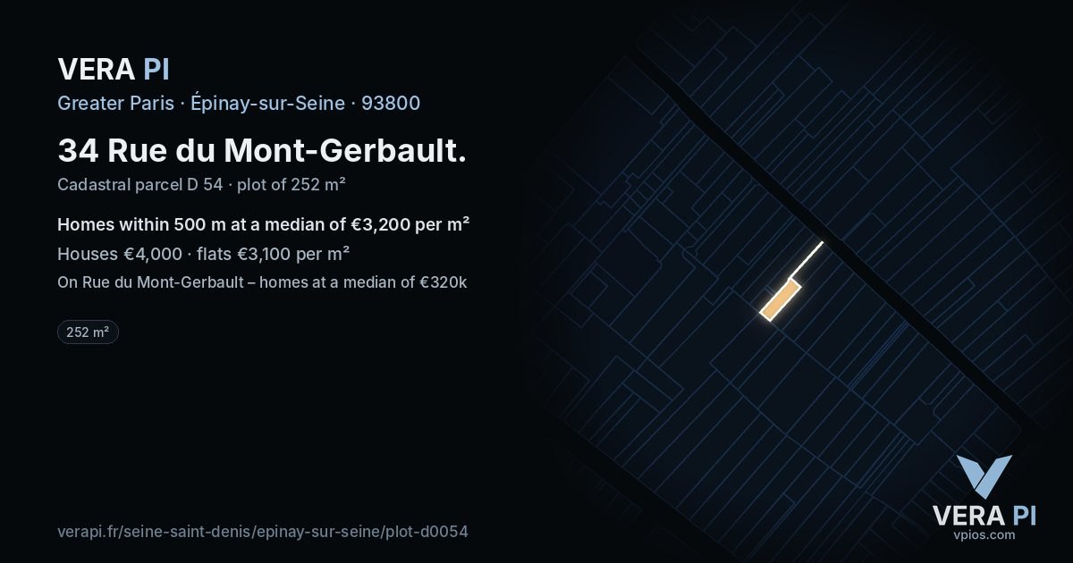 34 Rue du Mont-Gerbault, Épinay-sur-Seine at night – the plot lit, the parcels around coloured by the prices near them