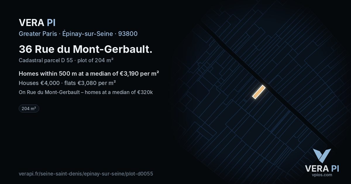 36 Rue du Mont-Gerbault, Épinay-sur-Seine at night – the plot lit, the parcels around coloured by the prices near them