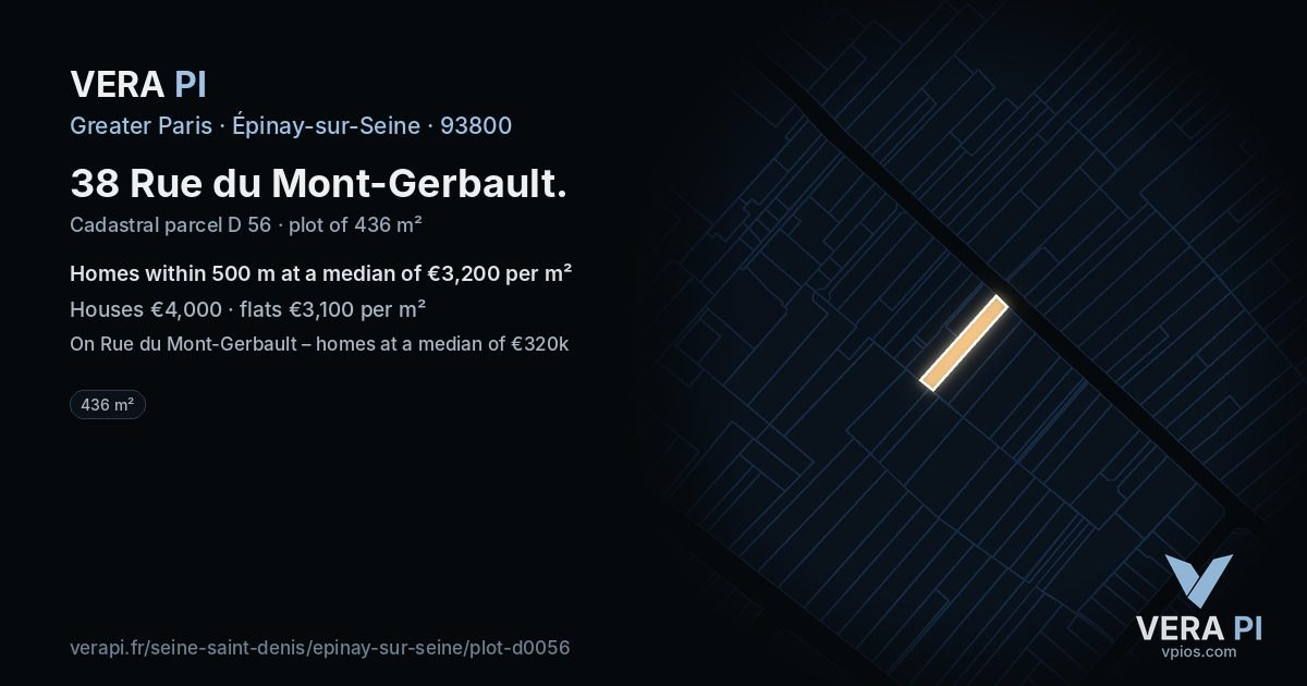 38 Rue du Mont-Gerbault, Épinay-sur-Seine at night – the plot lit, the parcels around coloured by the prices near them