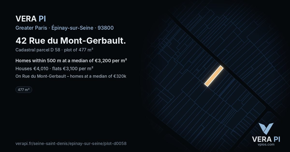 42 Rue du Mont-Gerbault, Épinay-sur-Seine at night – the plot lit, the parcels around coloured by the prices near them