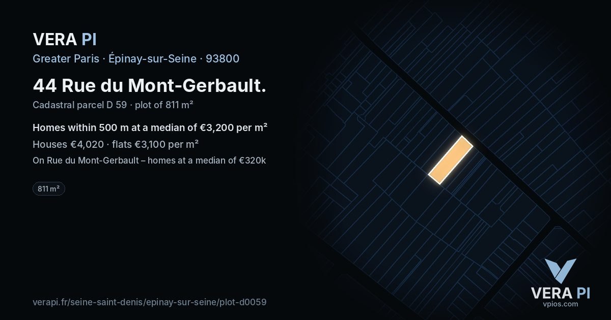44 Rue du Mont-Gerbault, Épinay-sur-Seine at night – the plot lit, the parcels around coloured by the prices near them