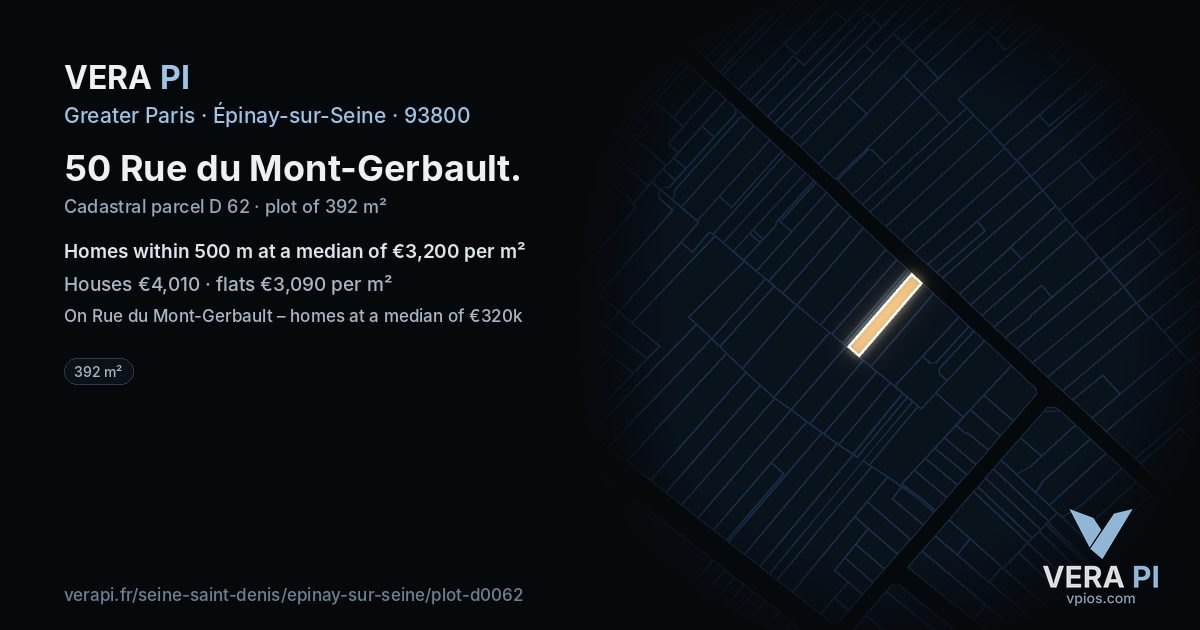 50 Rue du Mont-Gerbault, Épinay-sur-Seine at night – the plot lit, the parcels around coloured by the prices near them