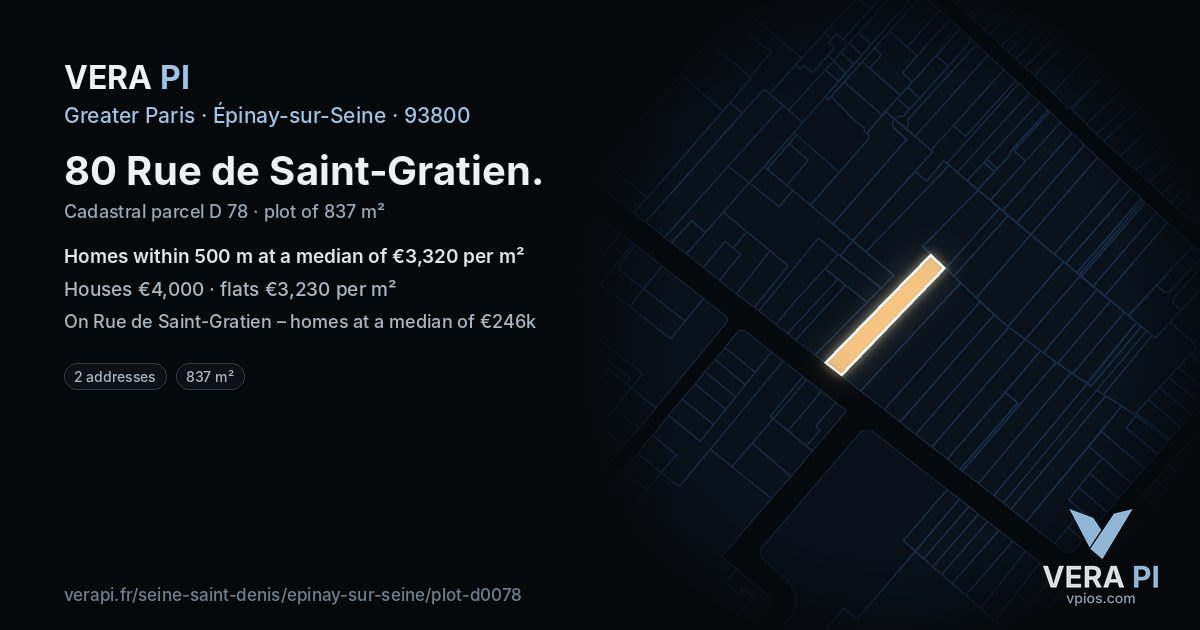 80 Rue de Saint-Gratien, Épinay-sur-Seine at night – the plot lit, the parcels around coloured by the prices near them
