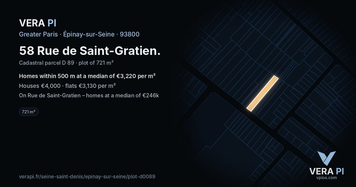58 Rue de Saint-Gratien, Épinay-sur-Seine at night – the plot lit, the parcels around coloured by the prices near them