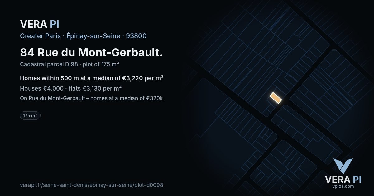84 Rue du Mont-Gerbault, Épinay-sur-Seine at night – the plot lit, the parcels around coloured by the prices near them