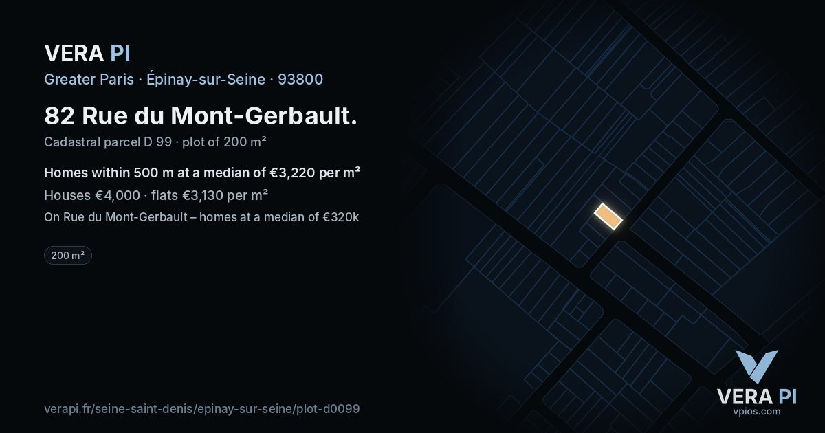 82 Rue du Mont-Gerbault, Épinay-sur-Seine at night – the plot lit, the parcels around coloured by the prices near them