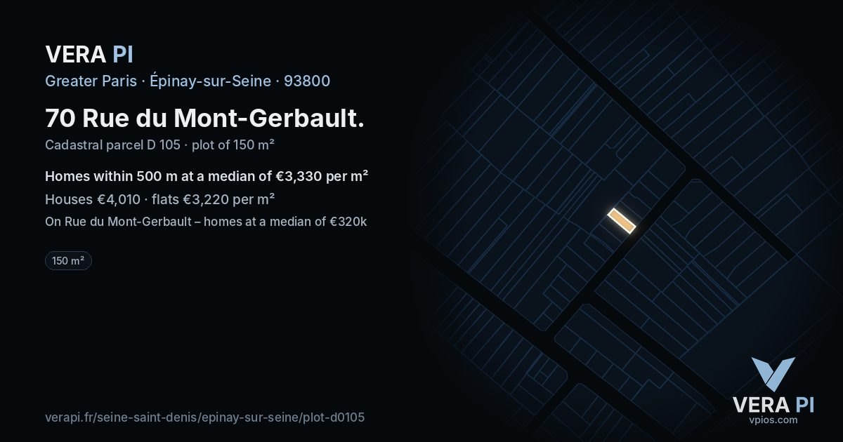 70 Rue du Mont-Gerbault, Épinay-sur-Seine at night – the plot lit, the parcels around coloured by the prices near them