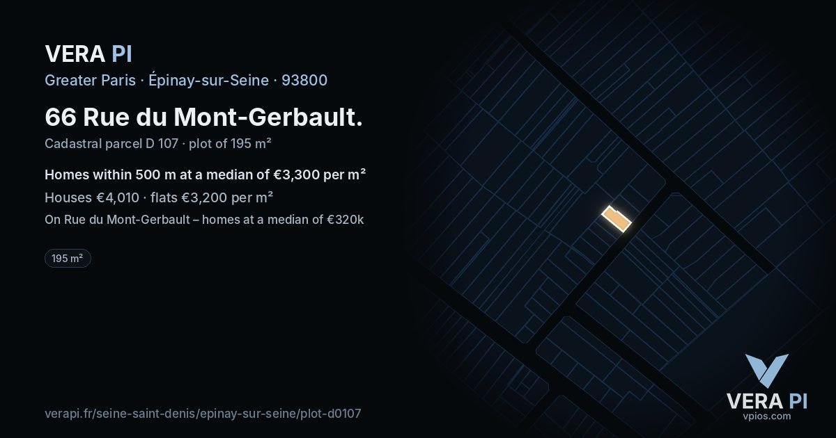 66 Rue du Mont-Gerbault, Épinay-sur-Seine at night – the plot lit, the parcels around coloured by the prices near them