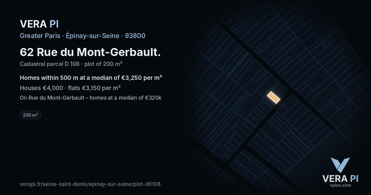 62 Rue du Mont-Gerbault, Épinay-sur-Seine at night – the plot lit, the parcels around coloured by the prices near them