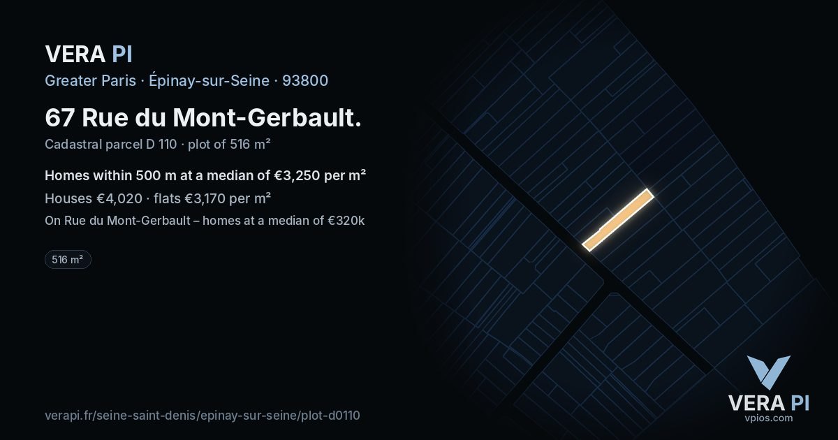 67 Rue du Mont-Gerbault, Épinay-sur-Seine at night – the plot lit, the parcels around coloured by the prices near them