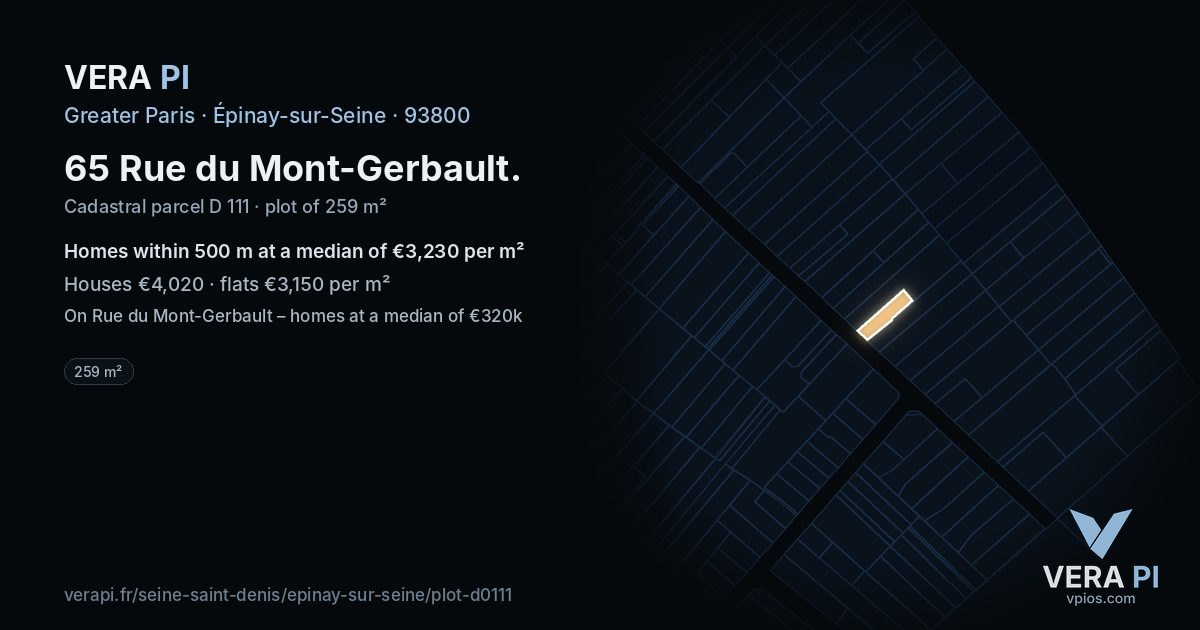 65 Rue du Mont-Gerbault, Épinay-sur-Seine at night – the plot lit, the parcels around coloured by the prices near them