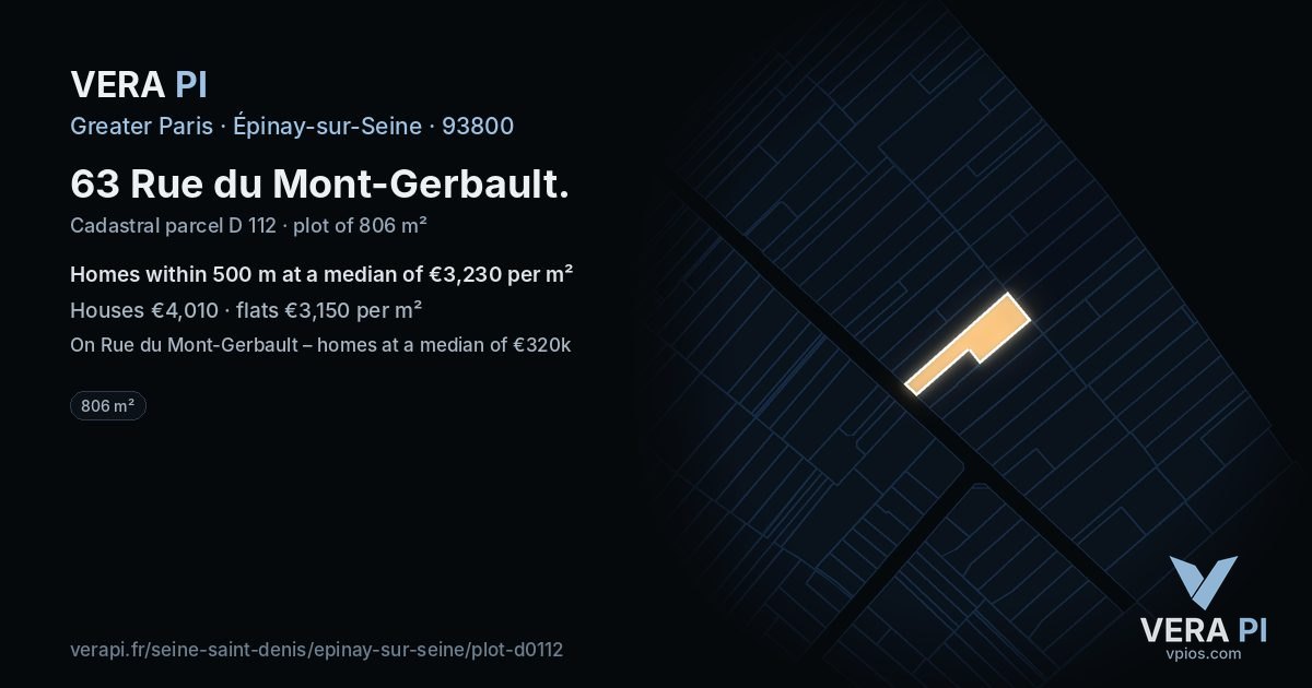 63 Rue du Mont-Gerbault, Épinay-sur-Seine at night – the plot lit, the parcels around coloured by the prices near them