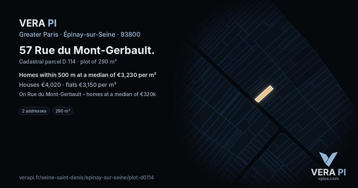 57 Rue du Mont-Gerbault, Épinay-sur-Seine at night – the plot lit, the parcels around coloured by the prices near them