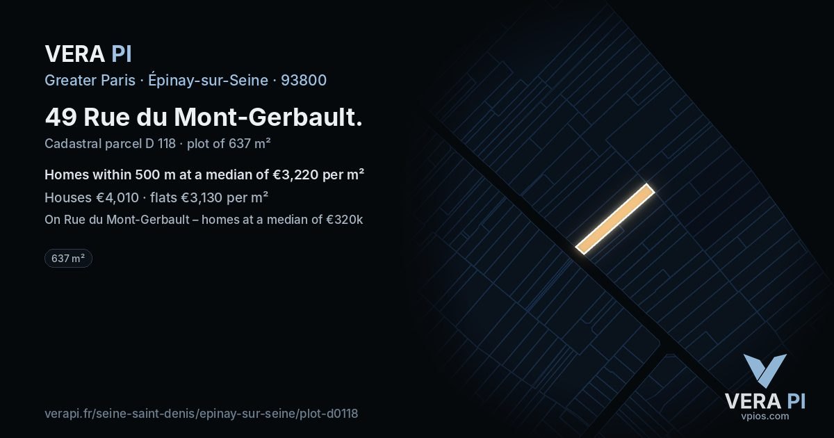 49 Rue du Mont-Gerbault, Épinay-sur-Seine at night – the plot lit, the parcels around coloured by the prices near them