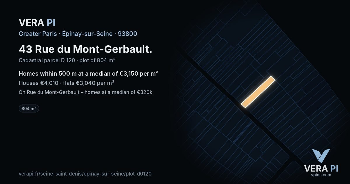 43 Rue du Mont-Gerbault, Épinay-sur-Seine at night – the plot lit, the parcels around coloured by the prices near them