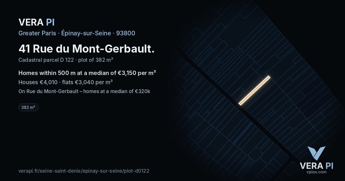 41 Rue du Mont-Gerbault, Épinay-sur-Seine at night – the plot lit, the parcels around coloured by the prices near them