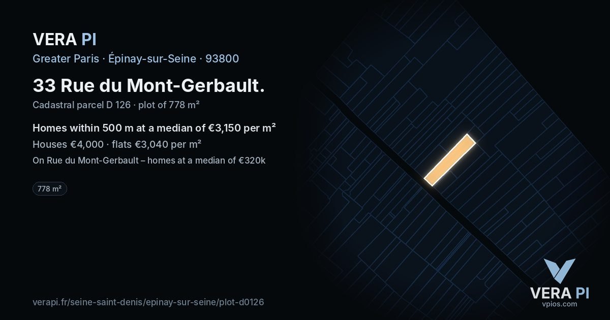 33 Rue du Mont-Gerbault, Épinay-sur-Seine at night – the plot lit, the parcels around coloured by the prices near them