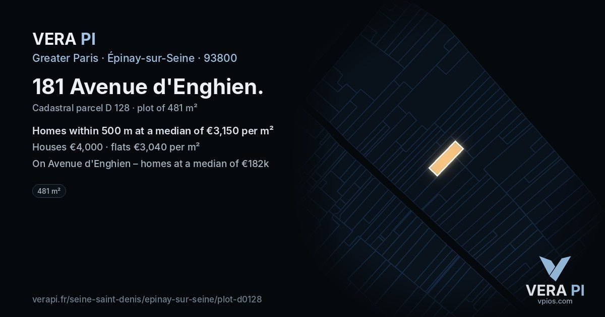 181 Avenue d'Enghien, Épinay-sur-Seine at night – the plot lit, the parcels around coloured by the prices near them