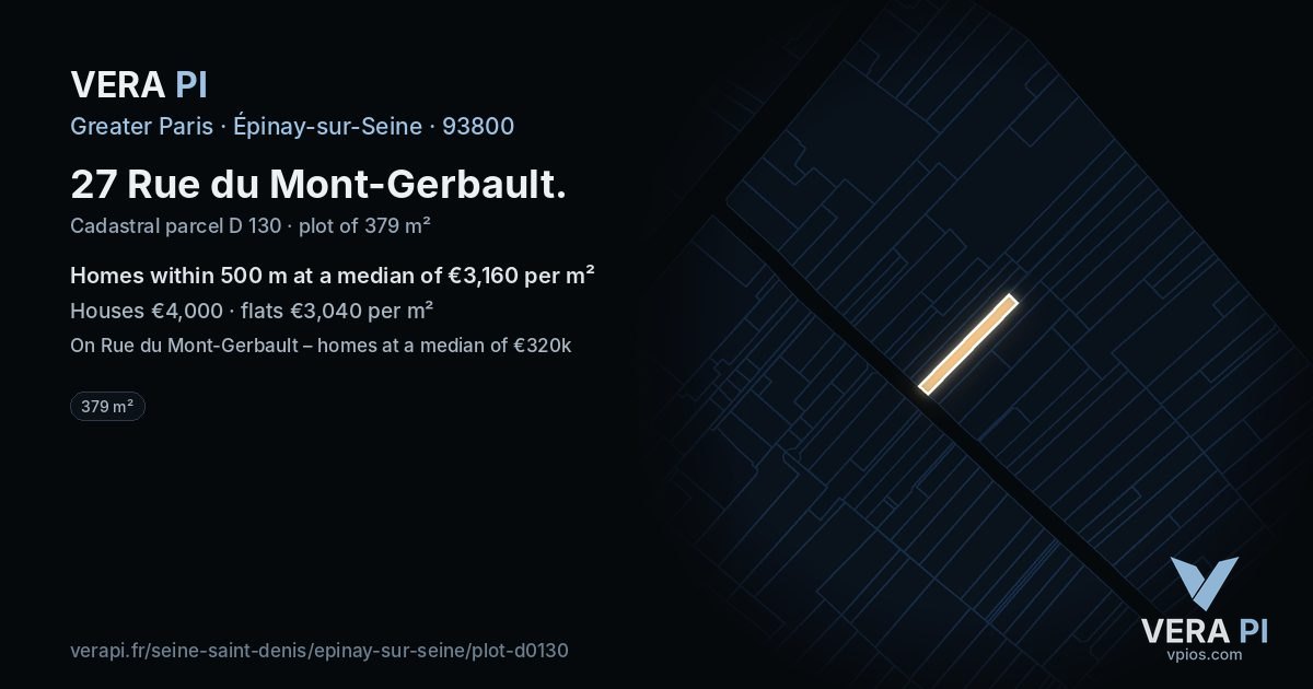 27 Rue du Mont-Gerbault, Épinay-sur-Seine at night – the plot lit, the parcels around coloured by the prices near them