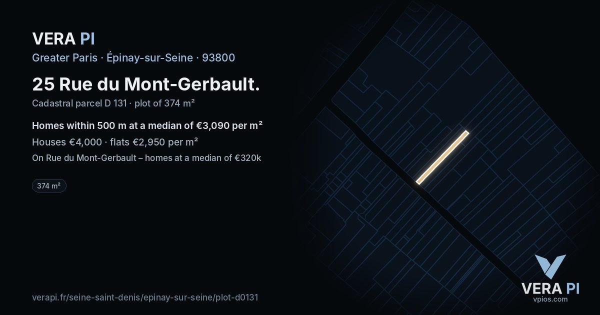 25 Rue du Mont-Gerbault, Épinay-sur-Seine at night – the plot lit, the parcels around coloured by the prices near them