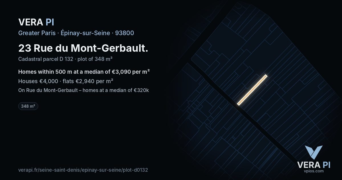 23 Rue du Mont-Gerbault, Épinay-sur-Seine at night – the plot lit, the parcels around coloured by the prices near them