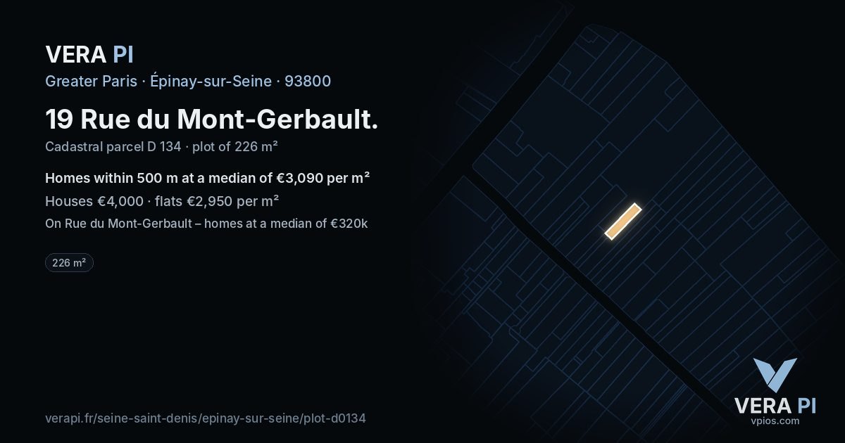 19 Rue du Mont-Gerbault, Épinay-sur-Seine at night – the plot lit, the parcels around coloured by the prices near them