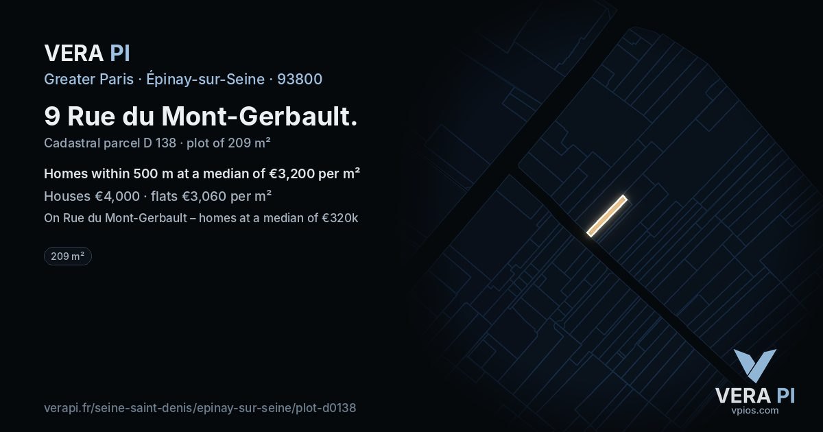 9 Rue du Mont-Gerbault, Épinay-sur-Seine at night – the plot lit, the parcels around coloured by the prices near them