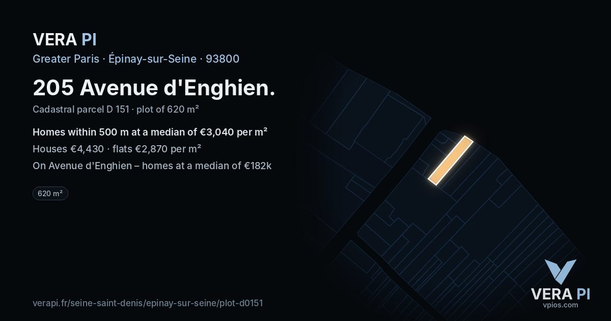 205 Avenue d'Enghien, Épinay-sur-Seine at night – the plot lit, the parcels around coloured by the prices near them