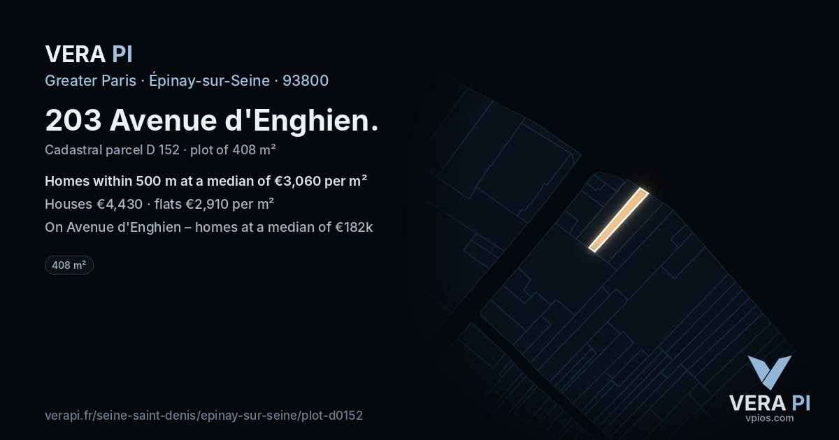 203 Avenue d'Enghien, Épinay-sur-Seine at night – the plot lit, the parcels around coloured by the prices near them