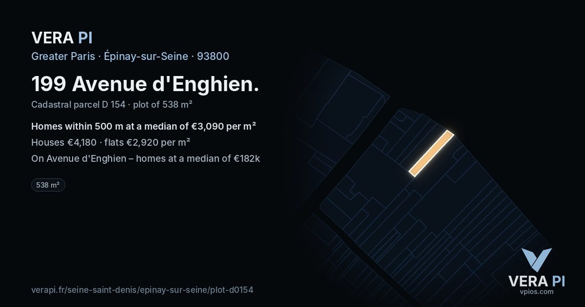 199 Avenue d'Enghien, Épinay-sur-Seine at night – the plot lit, the parcels around coloured by the prices near them