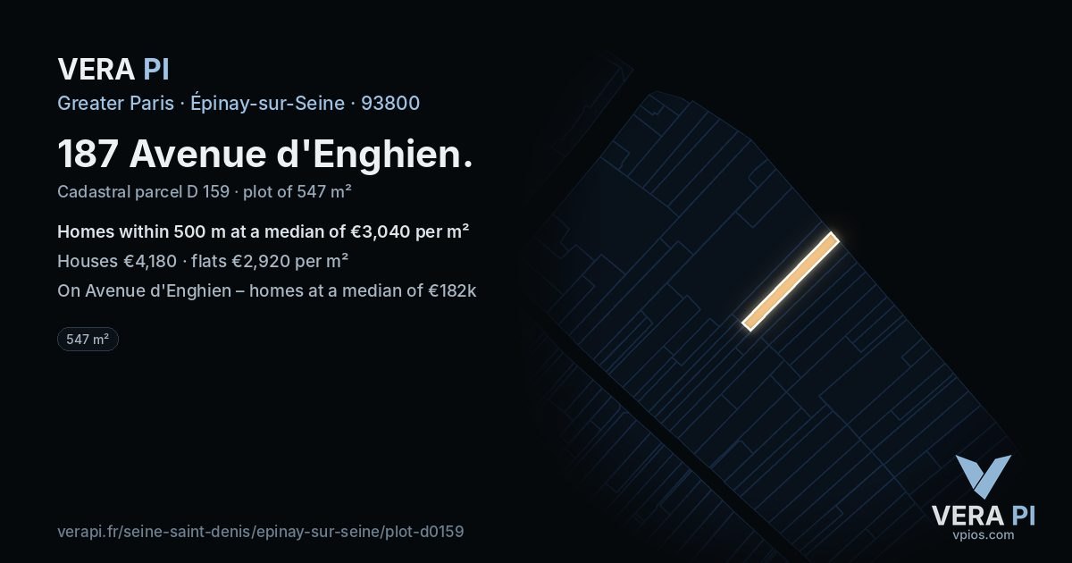 187 Avenue d'Enghien, Épinay-sur-Seine at night – the plot lit, the parcels around coloured by the prices near them