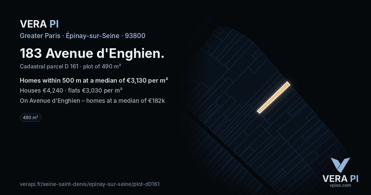 183 Avenue d'Enghien, Épinay-sur-Seine at night – the plot lit, the parcels around coloured by the prices near them